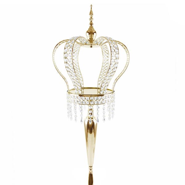 Large Gold Table Decor Decorative Crown Crystal Bead Metal Accent Piece 17.5 in.