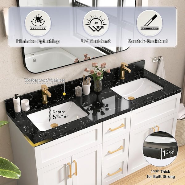 60 in. W x 22 in. D Quartz Stone White Rectangular Undermount Double Sink and 4 in. H Backsplash Vanity Top in Black