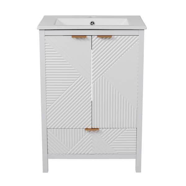 24 in. Freestanding Undermount White Bath Vanity with White Ceramic Top, Textured Door Panels and a Drawer