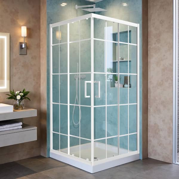 36 x 36 in. W x 71 in. H Framed Corner Sliding Shower Enclosure in Matte White Finish with Clear Grid Glass