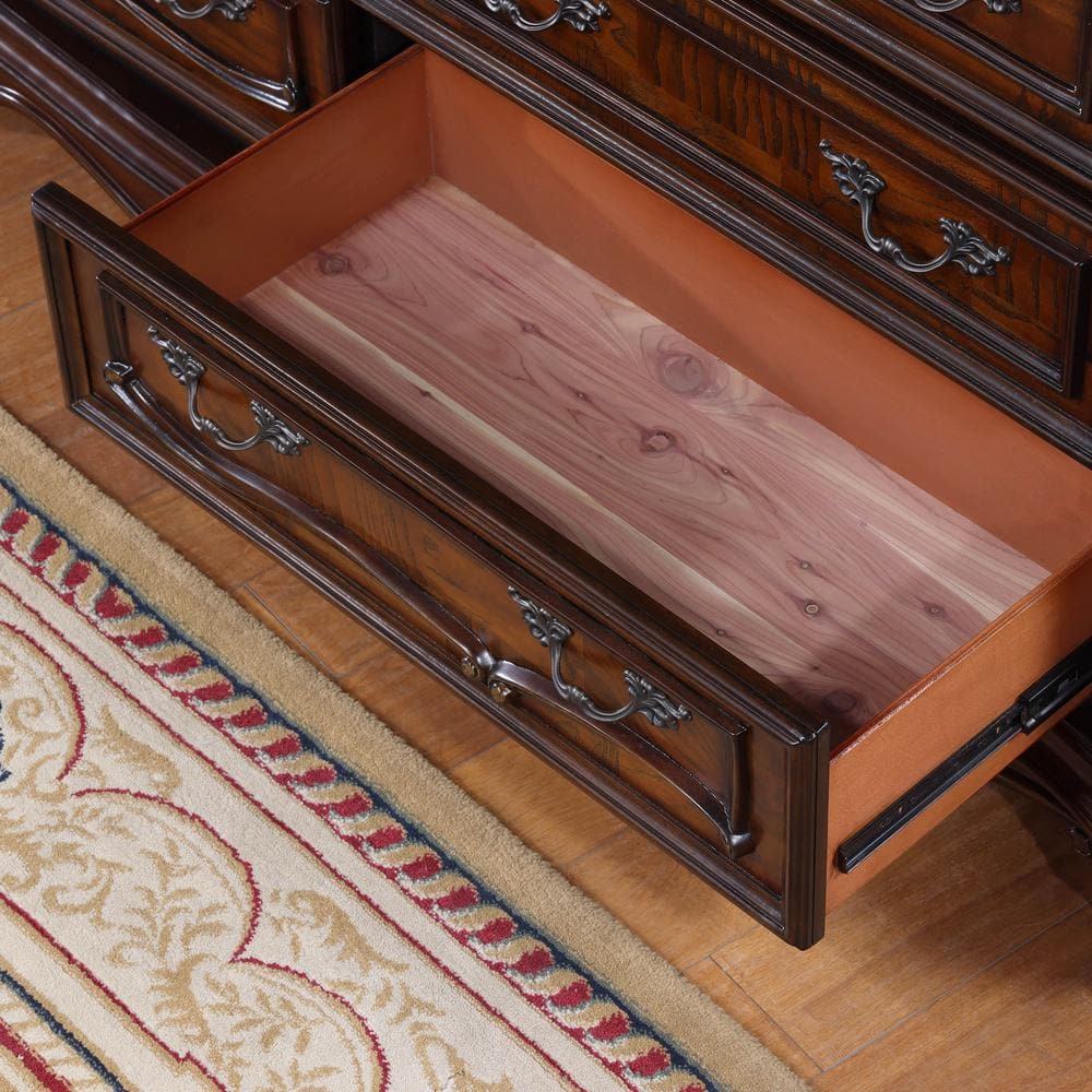 Dark Cherry Solid Wood Dresser with Marble Top and Carved Details