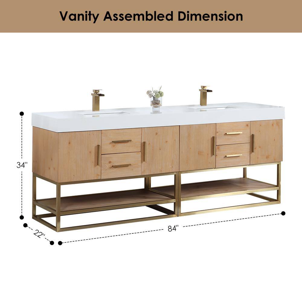Bianco 84" Light Brown Wood Vanity with Composite Stone Top