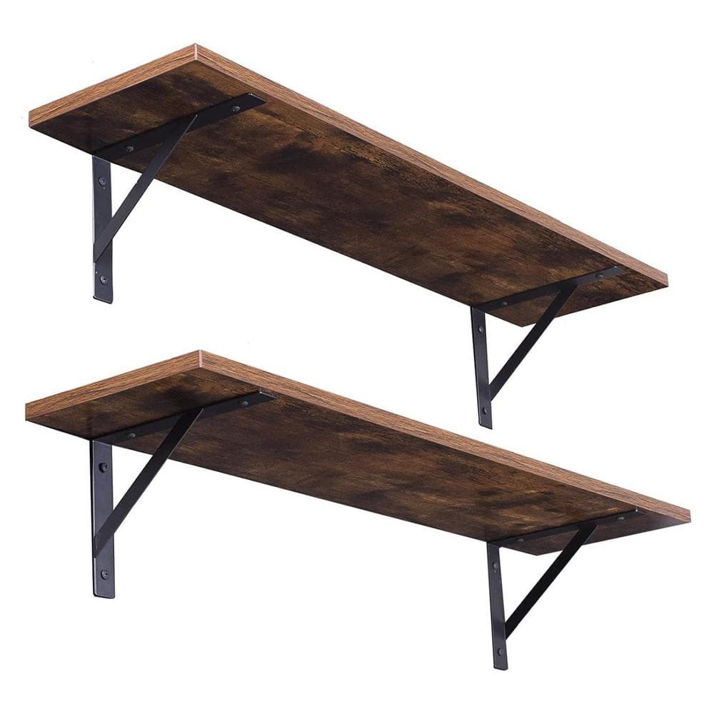 Rustic Brown Wood Floating Wall Shelves with Metal Brackets, 31.5 Inch