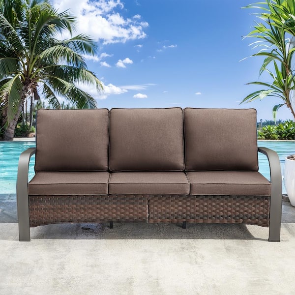 Pocassy Iron Bend Series 3-Seat Brown Wicker Outdoor Patio Sofa Couch with Gray Cushions