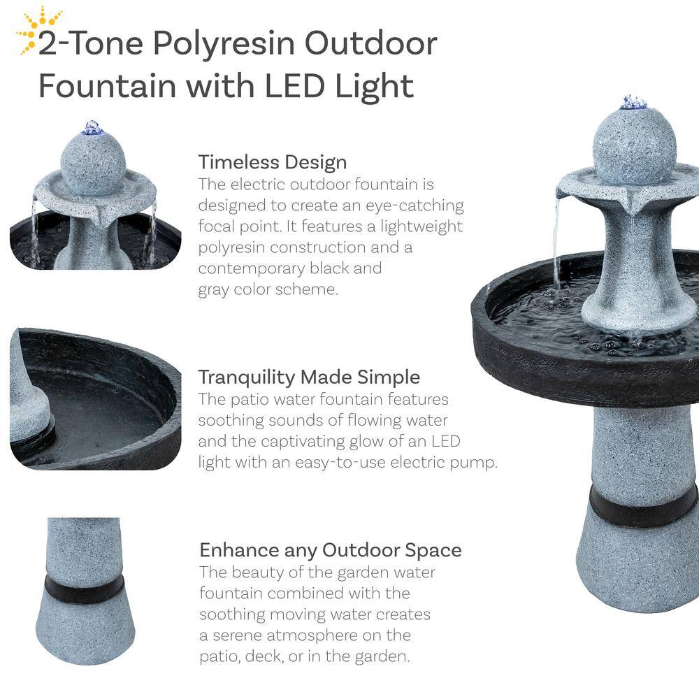 Contemporary Gray and Black Polyresin Outdoor Water Fountain with LED Light