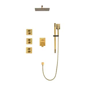 12 in. 3-Jet Wall Mount Shower Tower with Slide Bar, Handheld and Body Spray Thermostatic Massage Jets in Brushed Gold