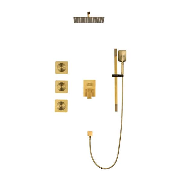 Unbranded 12 in. 3-Jet Wall Mount Shower Tower with Slide Bar, Handheld and Body Spray Thermostatic Massage Jets in Brushed Gold