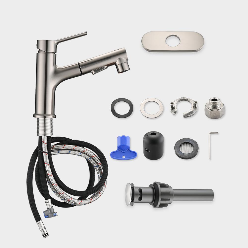 Brushed Nickel Single Handle Bathroom Faucet with Pull-Out Sprayer
