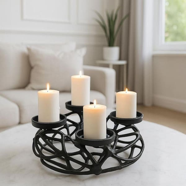 Black 12 in. x 12 in. Aluminum Four Leg Tea Light Metal Candle Holder