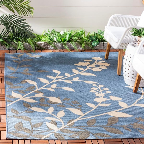Courtyard Blue/Beige 7 ft. x 10 ft. Border Indoor/Outdoor Patio  Area Rug