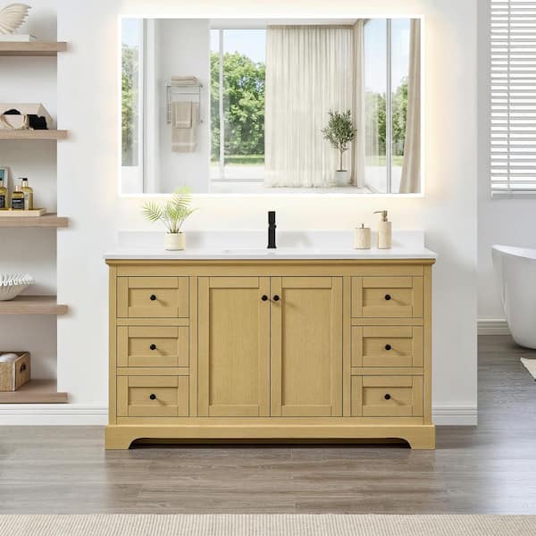 Avery 60 in. Single Freestanding Honey Oak with Matte Black Trim Bath Vanity with White Quartz Top