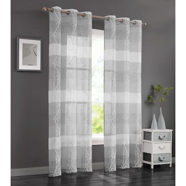 Dainty Home Silvia 76 in. W x 84 in. L Embroidered Sheer Floral Window Curtain in Silver