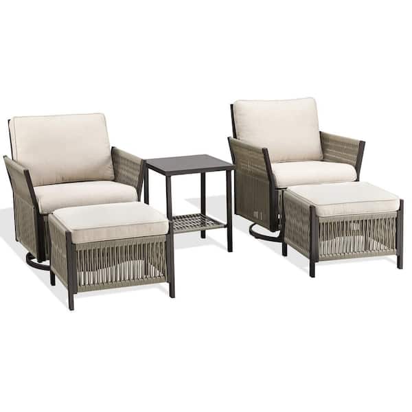 5-Piece Wicker Patio Conversation Set, Outdoor Swivel Chair with a Table and 2 Footstool, Beige Cushions