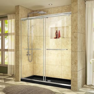 Charisma 34 in. x 60 in. x 78.75 in. Semi-Frameless Sliding Shower Door in Chrome with Center Drain Shower Base