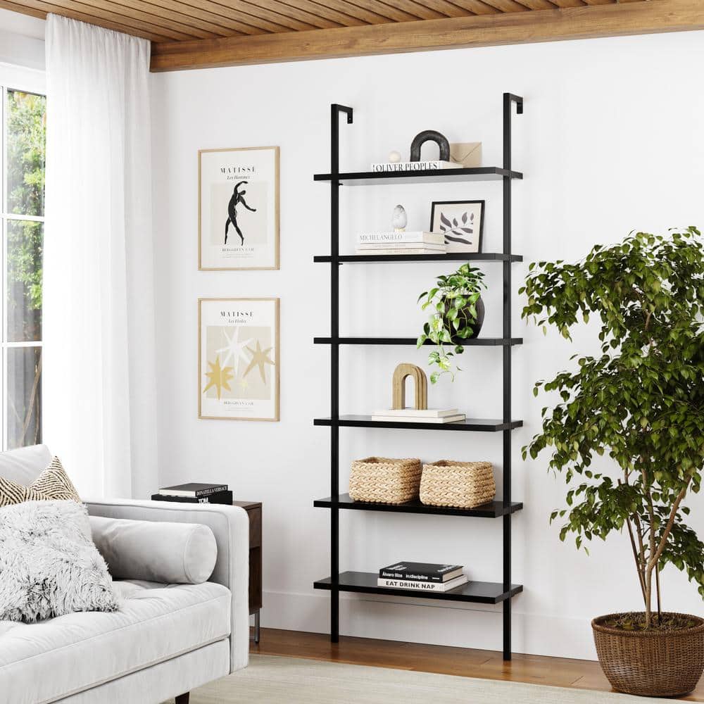 Theo Matte Black 6-Shelf Wood Ladder Bookcase