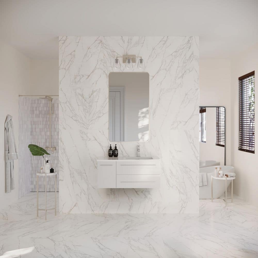 White 36" Wall-Mount Vanity with Quartz Top and Ceramic Sink