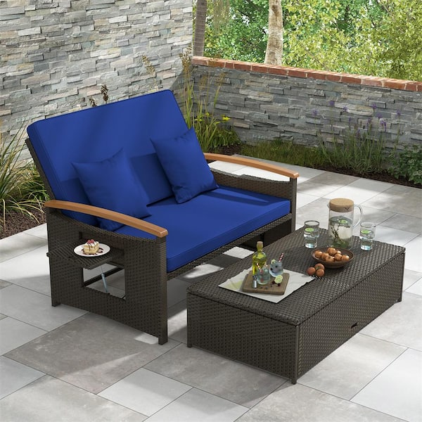 2-Piece Wicker Outdoor Day Bed Set with Cushioned Loveseat and Storage Ottoman for Porch with Navy Cushions