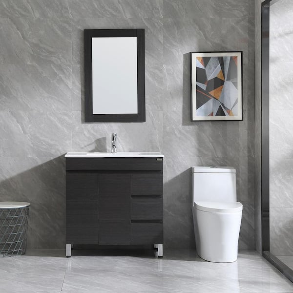 Wonline Wonline 32 in. W x 19 in. D x 60 in. H Single Sink Bath Vanity in Black with Ceramic Vessel Sink Top and Mirror