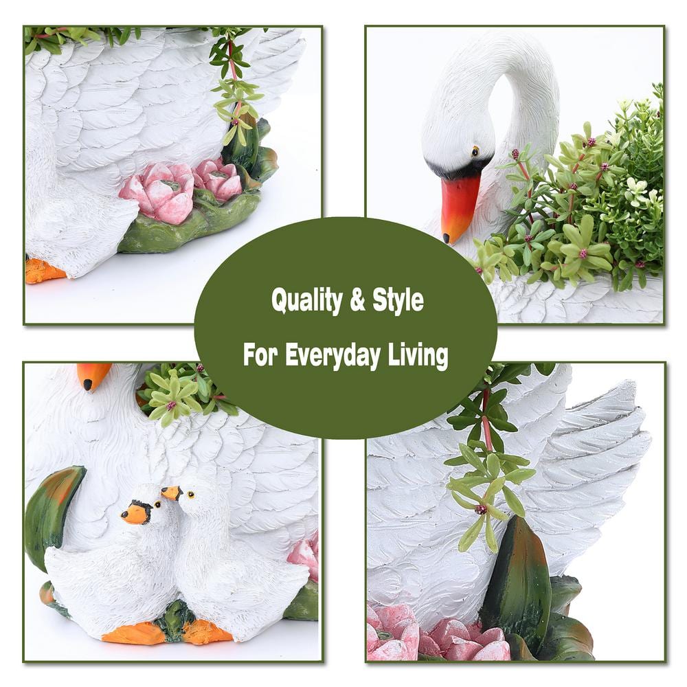 White Resin Swan Family Planter with Multicolor Accents