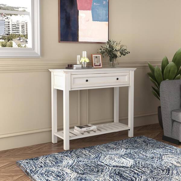 Homy Casa Lockie 39.4 in. White Rectangle Wood Console Table with 1 ...