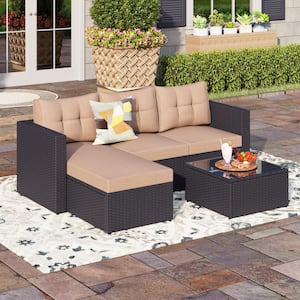 Black Rattan Wicker 3 Seat 3-Piece Steel Outdoor Patio Sectional Set with Beige Cushions and Coffee Table