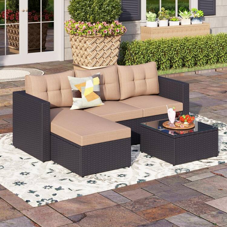 PHI VILLA Black Rattan Wicker 3 Seat 3-Piece Steel Outdoor Patio ...