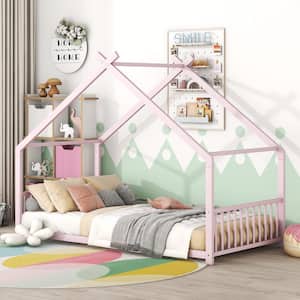 Pink Twin Size Metal House Platform Bed, Low Bed for Kids