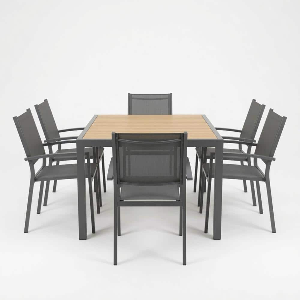 7-Piece Grey Patio Dining Set 6-Seat All-Weather HDPS Aluminum Rectangular Table and Textilene Chairs price history on PriceWatchPro
