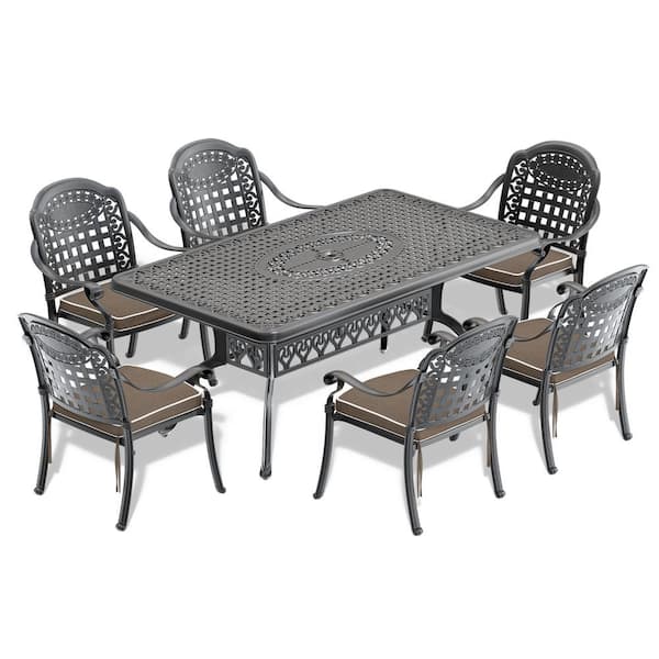 Willit Isabella 7-Piece Cast Aluminum Outdoor Dining Set with 68.9 in. x 37.4 in. Rectangular Table and Random Color Cushions