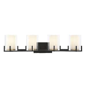 Eaton 33 in. W x 7.5 in. H 4-Light Matte Black with Warm Brass Accents Bathroom Vanity Light with Frosted Glass Shades