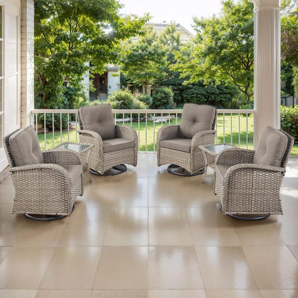 PlainCurve 6-Piece Gray Wicker Patio Conversation Set with Gray Cushions and Side Tables