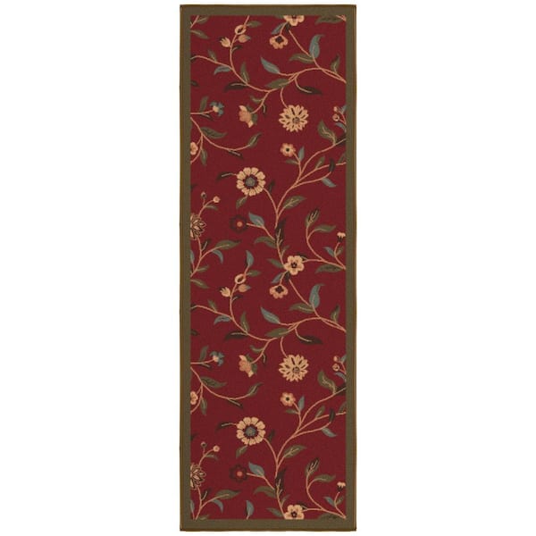 Ottomanson Ottohome Collection Non-Slip Rubberback Floral Leaves 2x5 Indoor Runner Rug, 1 ft. 8 in. x 4 ft. 11 in., Dark Red