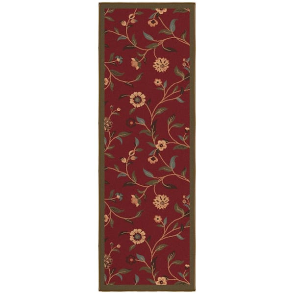 Ottohome Collection Non-Slip Rubberback Floral Leaves 2x5 Indoor Runner Rug, 1 ft. 8 in. x 4 ft. 11 in., Dark Red