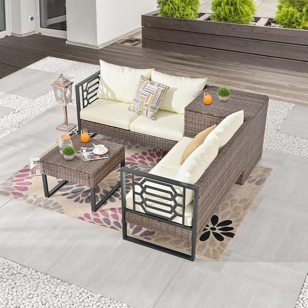Patio Festival 4-Piece Wicker Patio Conversation Set with Beige Cushions