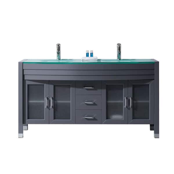 Virtu USA Ava 63 in. W Bath Vanity in Gray with Glass Vanity Top in Aqua Tempered Glass with Round Basin