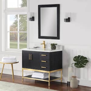 Wildy 36 in. W x 22 in. D x 34 in. H Single Sink Bath Vanity in Black Oak with White Composite Stone Top and Mirror
