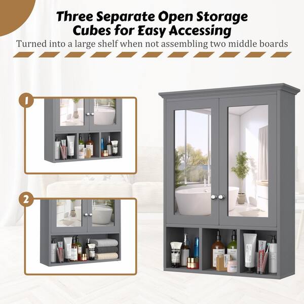 VEIKOUS 23.6 in. W x 30.4 in. H Rectangular Surface-Mount Bathroom Medicine Cabinet with Mirrors and Shelves in Gray