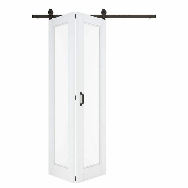 ARK DESIGN 56 in. x 80 in. 1-Lite Tempered Clear Glass White Primed MDF Bifold Sliding Barn Door with Hardware Kit