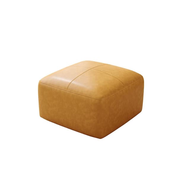 Uixe 22 in. Wide Mid-Century Brown Genuine Leather Square Ottoman(Set of 1)