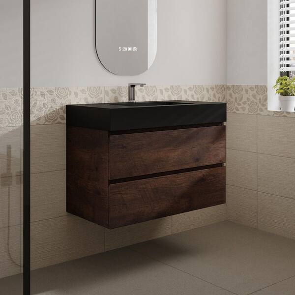 MEDUNJESS Aaby 36 in. W x 18 in. D x 25 in . H Wall Mounted Floating Bath Vanity Cabinet in Brown with Black Solid Surface Top