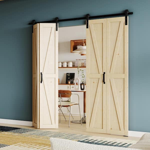 60 in. x 84 in. (30 in. W x 2) Pine Wood Color, Primed, MDF, K Shaped, Bi-Fold Style Sliding Barn Door with Hardware Kit