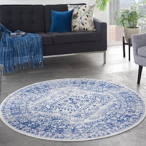 Whimsicle Ivory Navy 5 ft. x 5 ft. Geometric Bohemian Round Area Rug