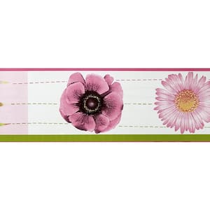 Falkirk McGhee Peel and Stick Floral Pink, Green Poppy, Aster Flowers Self Adhesive Wallpaper Border