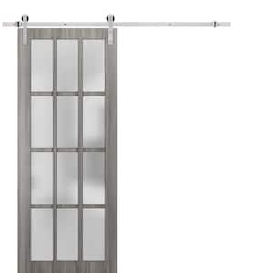 3312 28 in. x 84 in. Full Lite Frosted Glass Gray Finished Solid Wood Sliding Barn Door with Hardware Kit