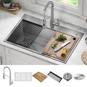 Loften 33 in. Drop-in/Undermount Single Bowl Stainless Steel Kitchen Workstation Sink with Faucet and Accessories