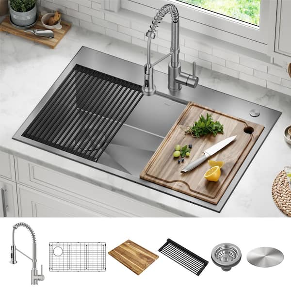 Loften 33 in. Drop-In/Undermount Single Bowl 18 Gauge Stainless Steel Kitchen Workstation Sink w/ Faucet and Accessories