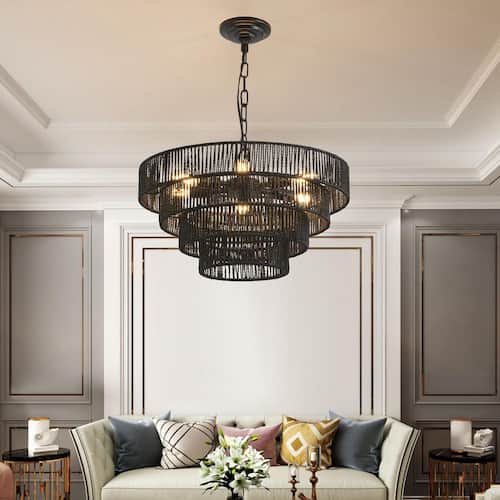 Light Black Rustic 4-Tier Hemp Rope Chandelier for Dining Room