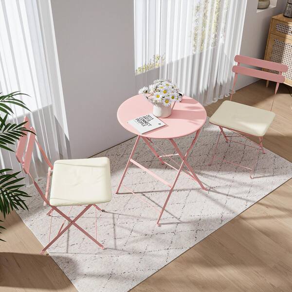 Pink 3-Piece Metal Folding Outdoor Bistro Set with 2 Cushions ZQ