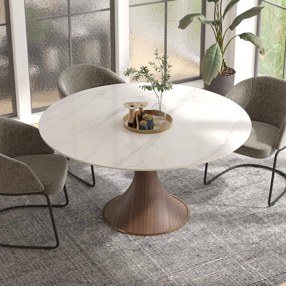 Modern Round White Snow Mountain Stone Tabletop 53.15 in. Black Woodgrain P