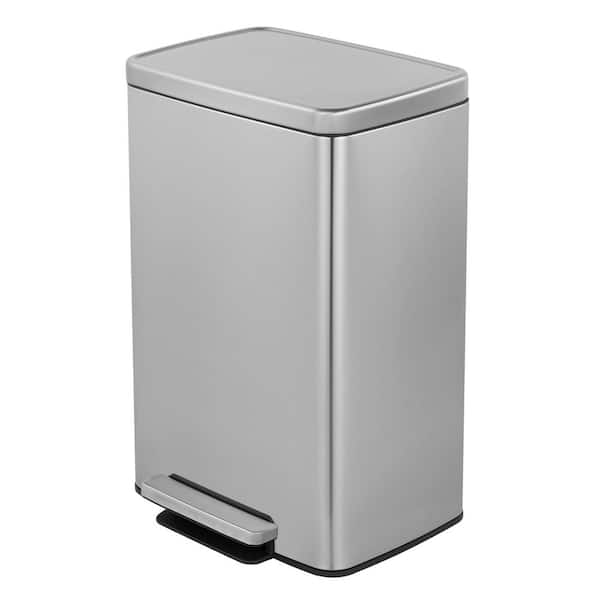 13 Gal. Silver Rectangle Step-On Metal Household Trash Can for Kitchen and Office Stainless Steel